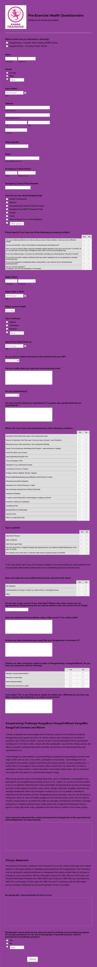 Pre Exercise Health Questionnaire Form Template