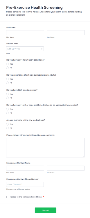 Pre Exercise Health Screening Form Template