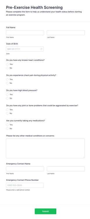 Pre Exercise Health Screening Form Template