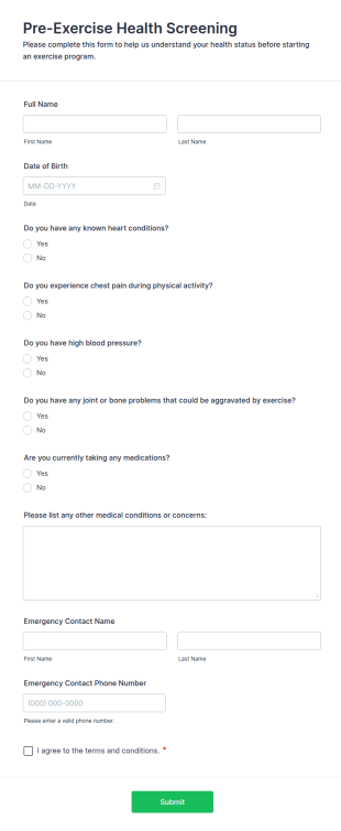 Pre Exercise Health Screening Form Template