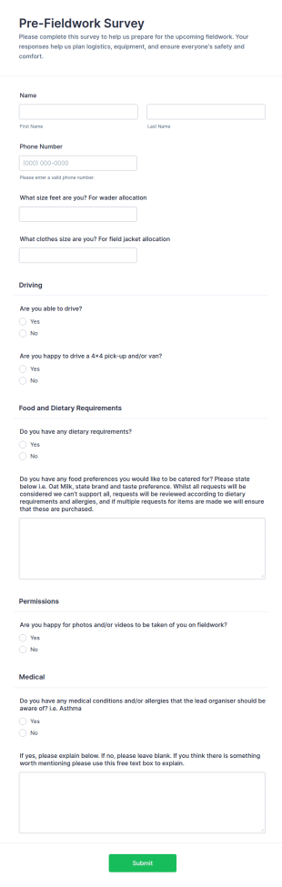 Pre Fieldwork Survey Form Template