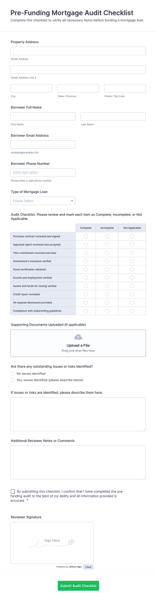 Pre Funding Mortgage Audit Checklist Form Template