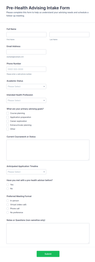 Pre Health Advising Intake Form Template