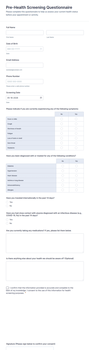 Pre Health Screening Questionnaire Form Template