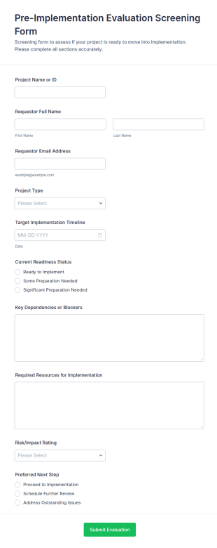Pre Implementation Evaluation Screening Form Template