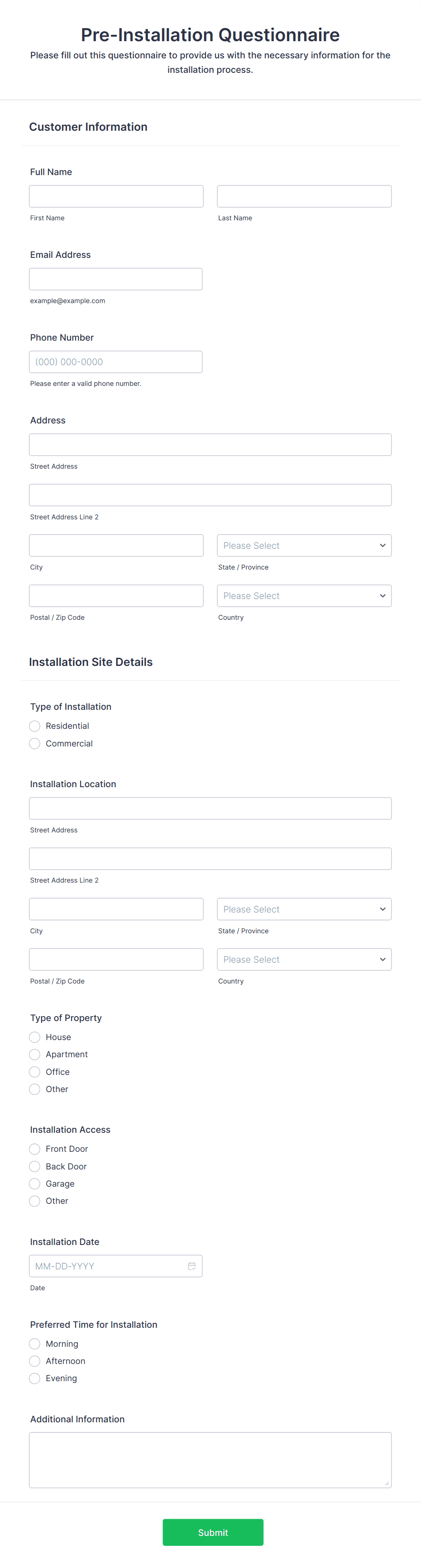Pre-Installation Questionnaire Form Template | Jotform