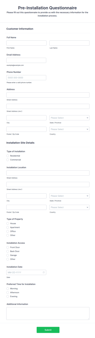 Pre Installation Questionnaire Form Template