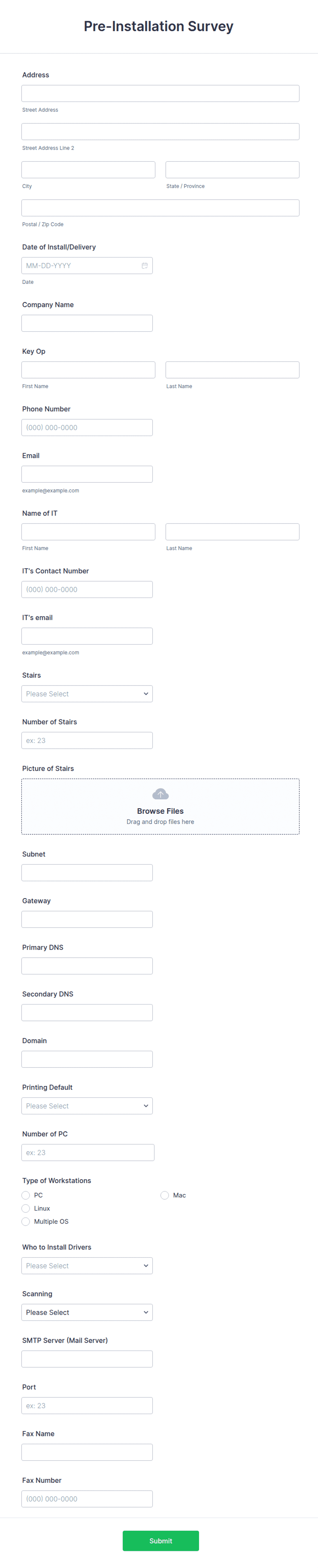 Walk In Installation Form Pre-Installation Survey Form Template | Jotform