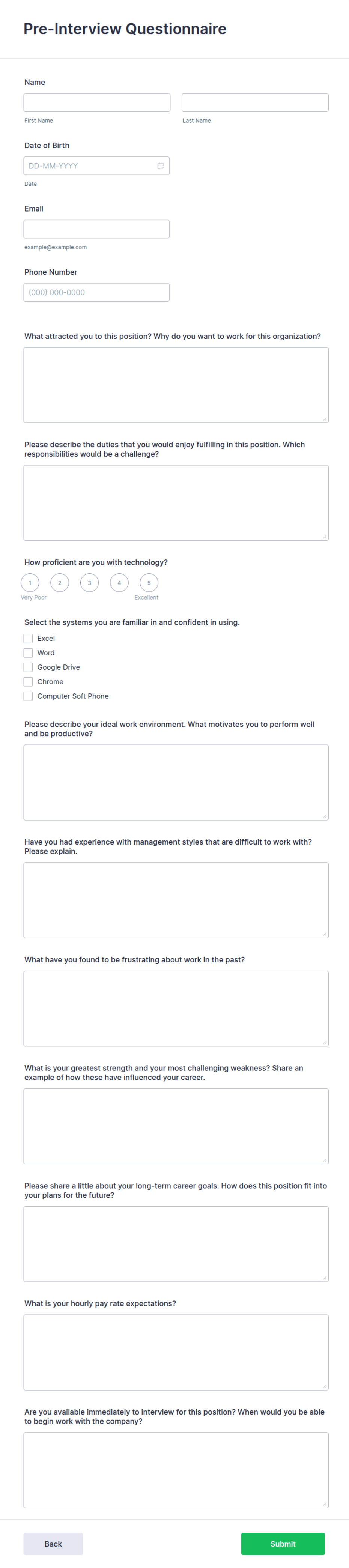 PreInterview Questionnaire Form Template Jotform