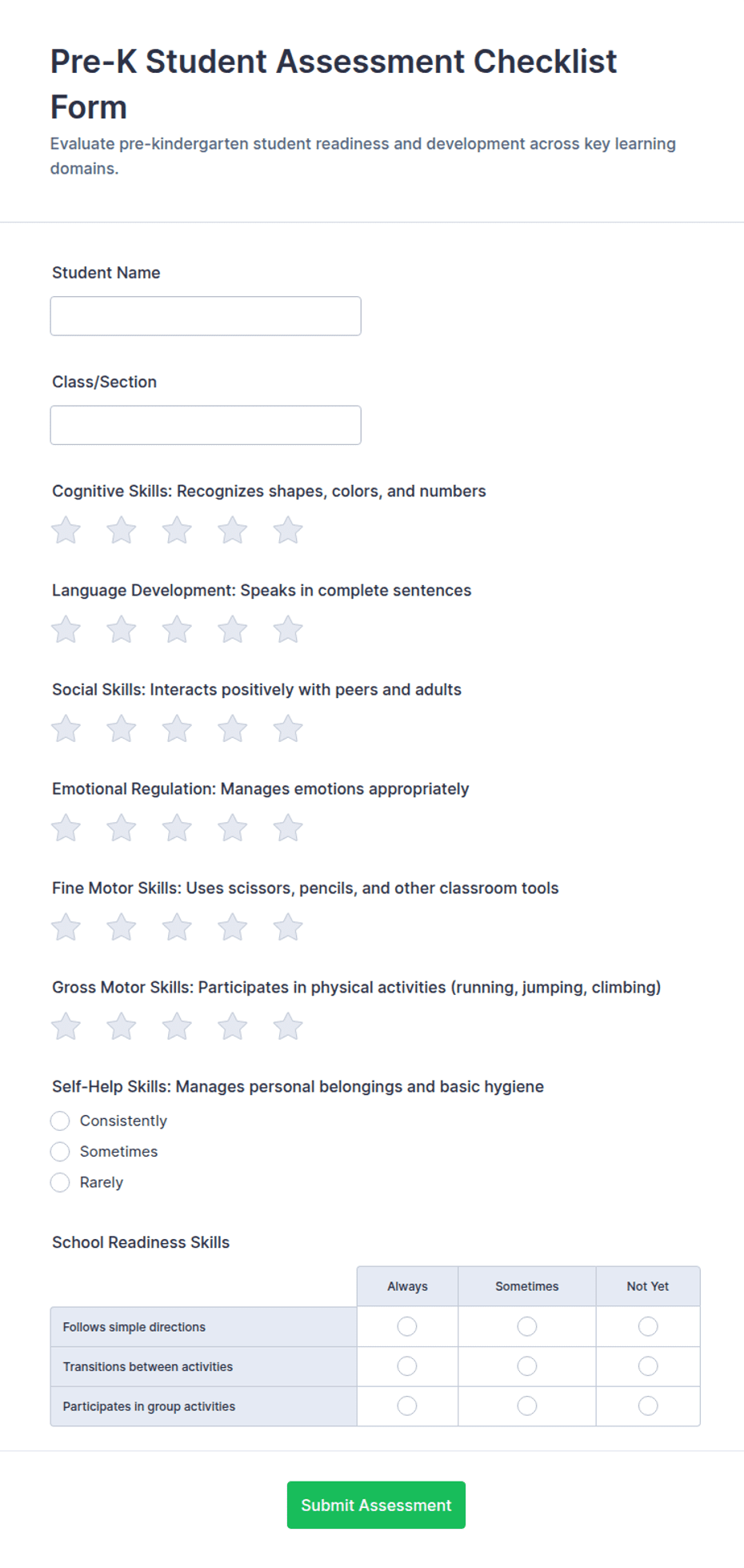 Pre-K Student Assessment Checklist Form Template | Jotform