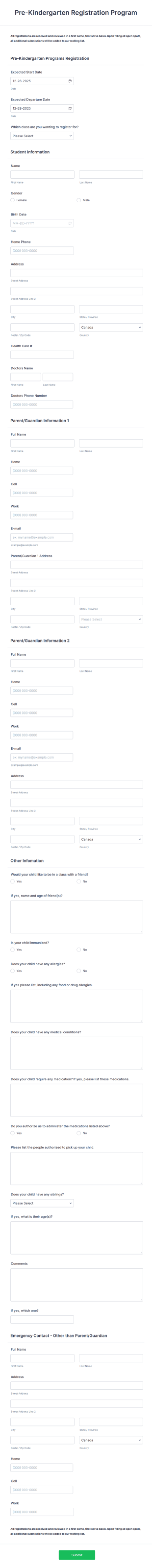 Pre Kindergarten Registration Program Form Template