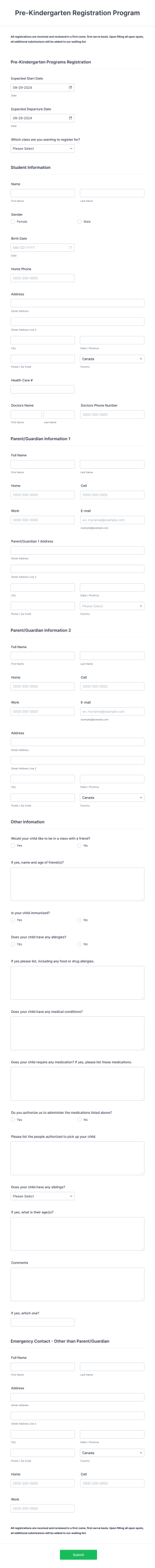 Pre Kindergarten Registration Program Form Template