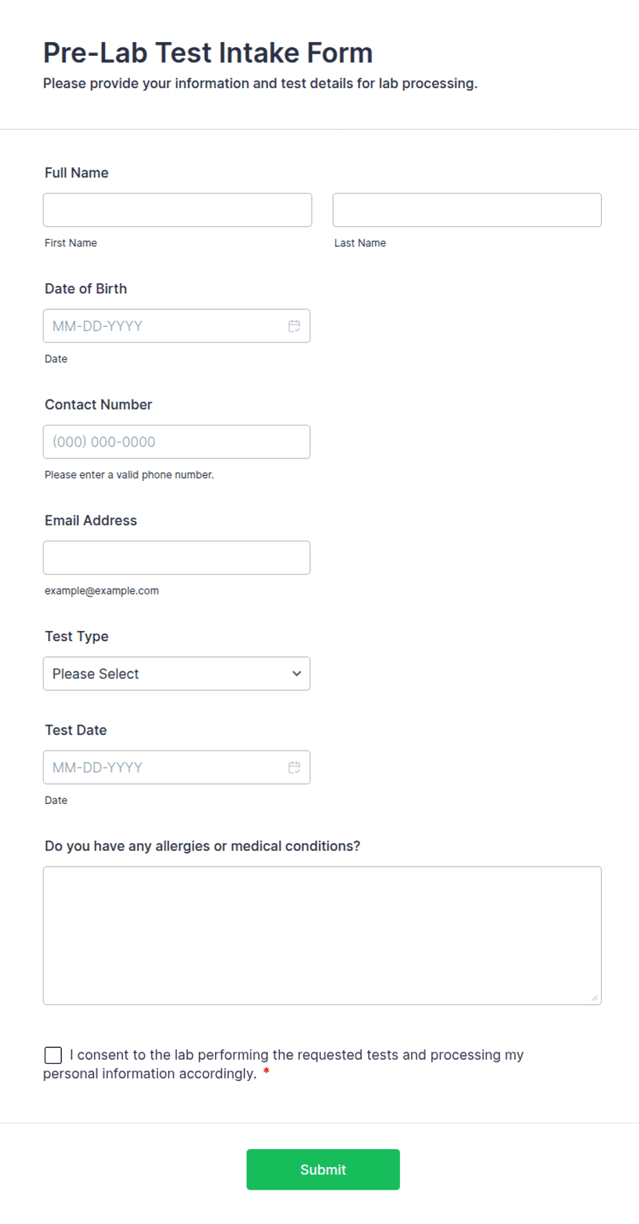 Pre-Lab Test Intake Form Template | Jotform