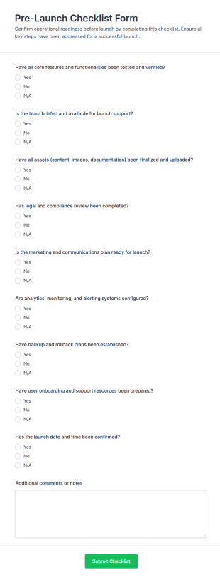 Pre Launch Checklist Form Template