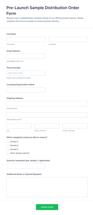 Pre Launch Sample Distribution Order Form Template