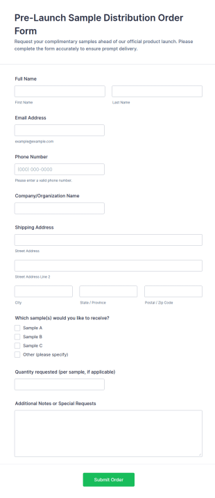 Pre Launch Sample Distribution Order Form Template