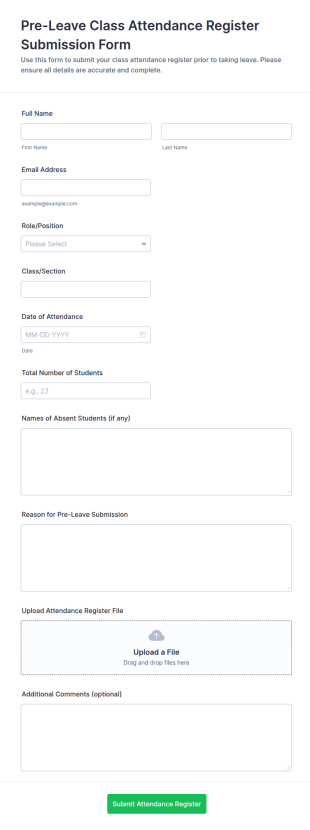Pre Leave Class Attendance Register Submission Form Template