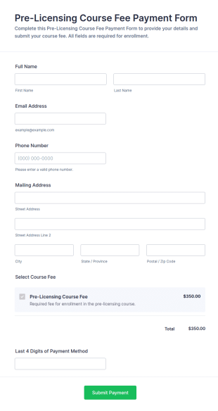 Pre Licensing Course Fee Payment Form Template