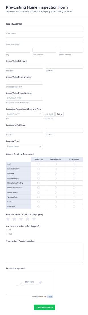 Pre Listing Home Inspection Form Template