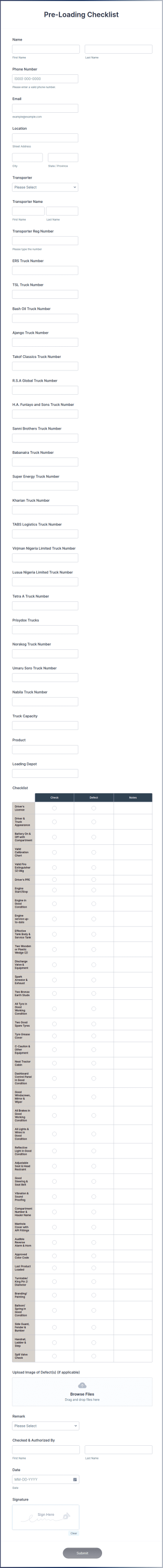 Pre Loading Checklist Form Template