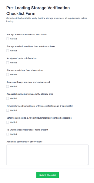 Pre Loading Storage Verification Checklist Form Template