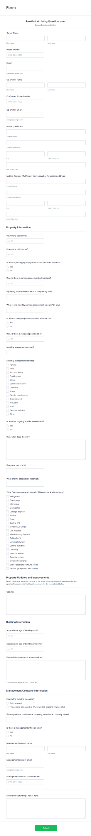Condo Pre Market Listing Questionnaire Form Template