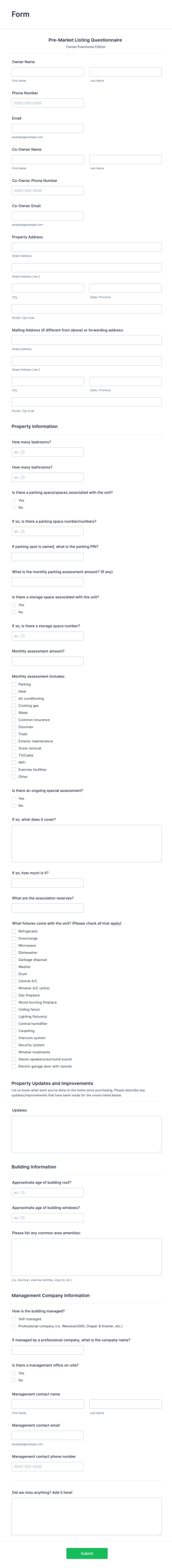 Condo Pre Market Listing Questionnaire Form Template
