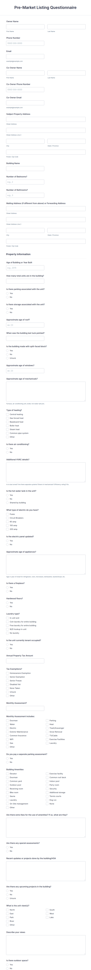 Pre Market Listing Questionnaire Form Template