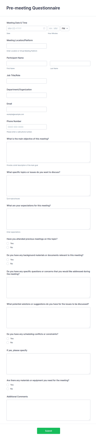 Pre Meeting Questionnaire Form Template