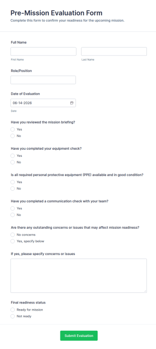 Pre Mission Evaluation Form Template
