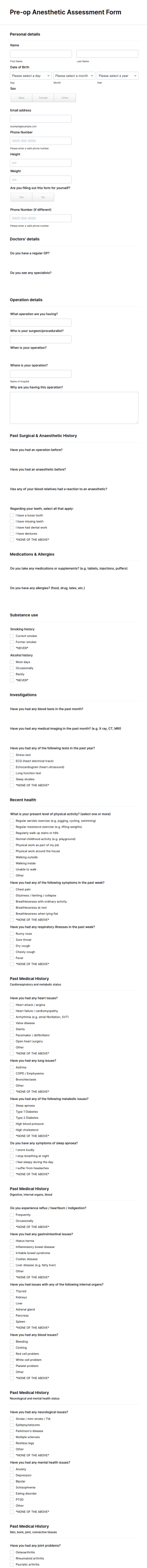 Pre Op Anesthetic Assessment Form Template