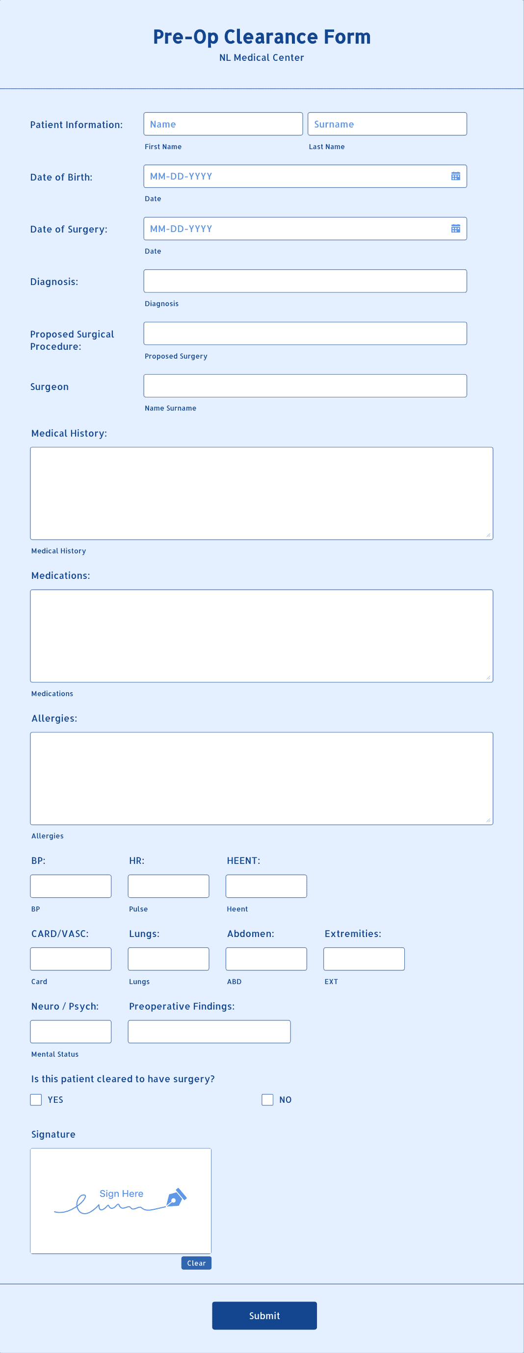 pre-op clearance form template | jotform