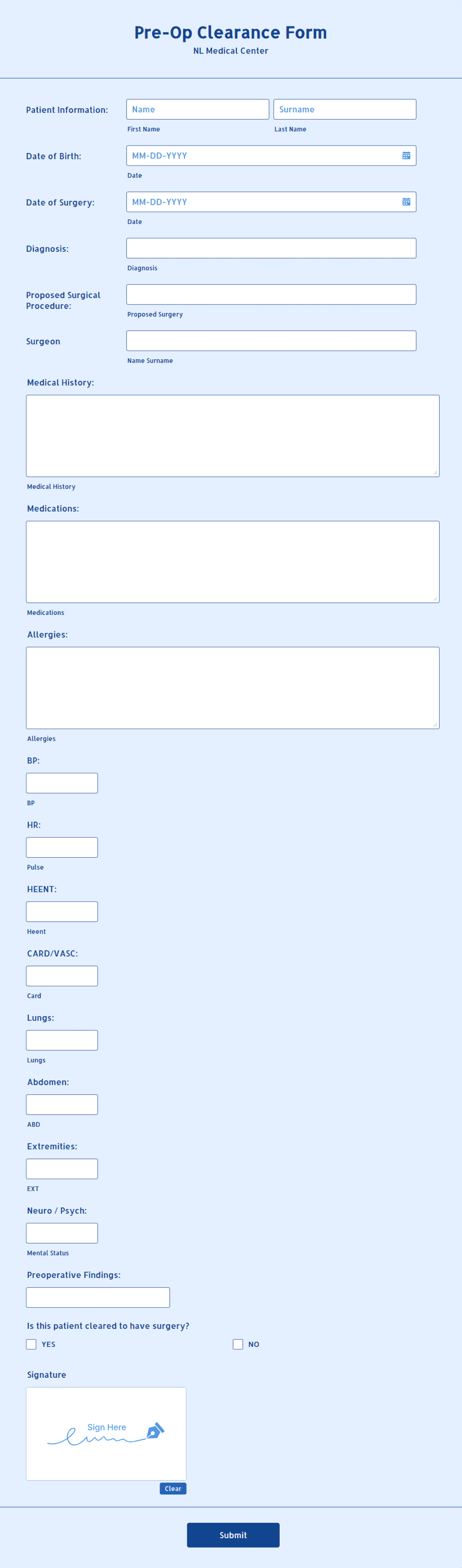 Pre Op Clearance Form Template Jotform