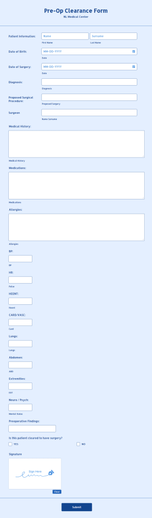 Pre Op Clearance Form Template