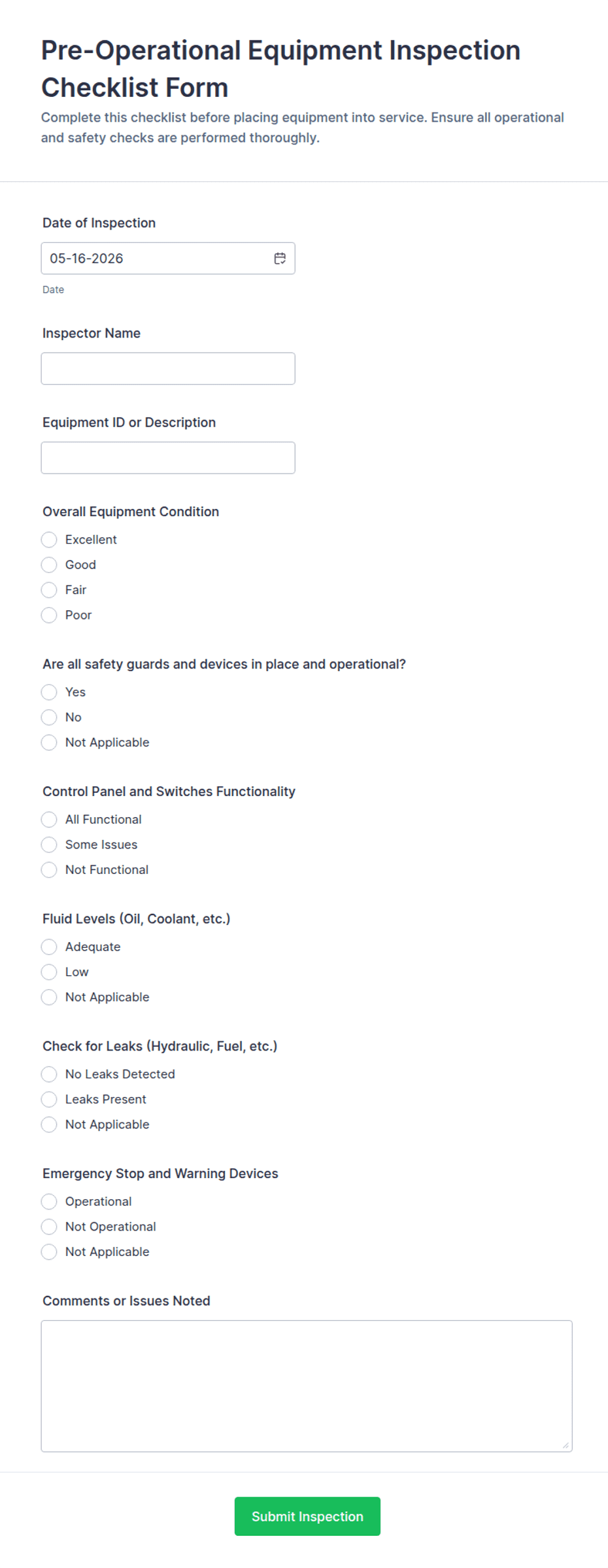 Part Inspection Form Pre-Operational Equipment Inspection Checklist Form Template | Jotform