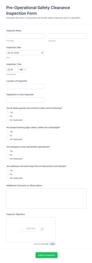 Pre Operational Safety Clearance Inspection Form Template