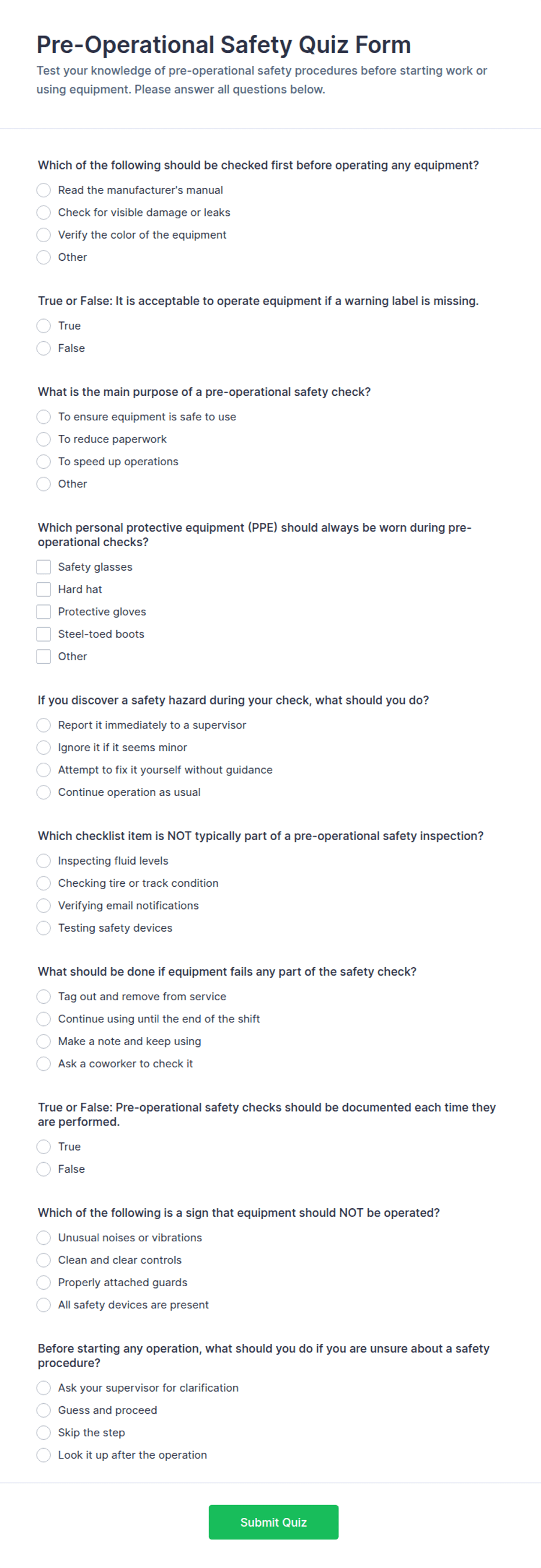 Pre-Operational Safety Quiz Form Template | Jotform