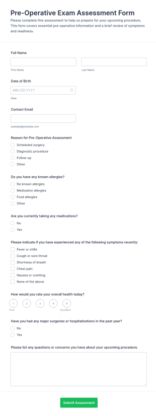 Pre Operative Exam Assessment Form Template