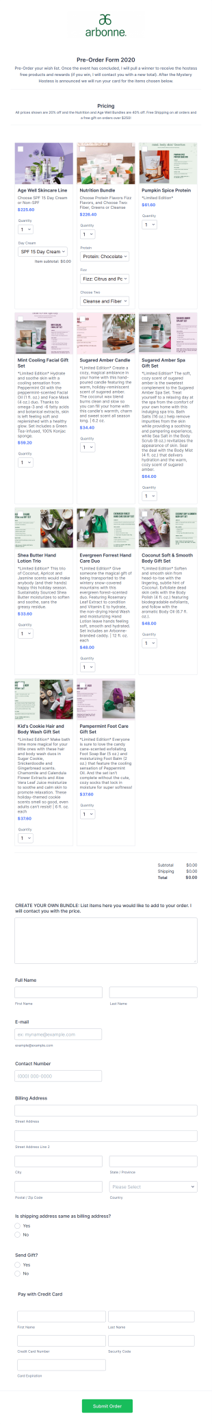 Arbonne: Pre Order Form 2020 Form Template
