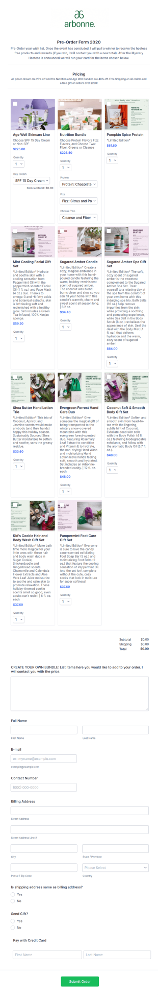 Arbonne: Pre Order Form 2020