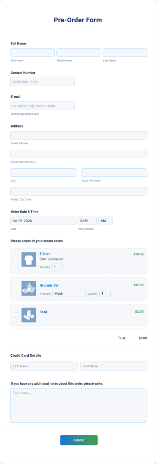 Pre Order Form Template