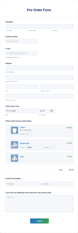 Pre Order Form Form Template