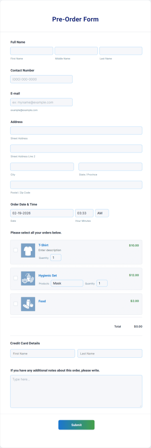 Pre Order Form Template