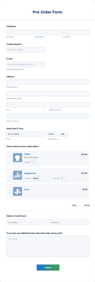 Pre Order Form Template