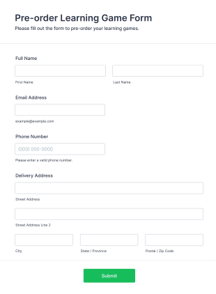 Pre Order Learning Game Form Template