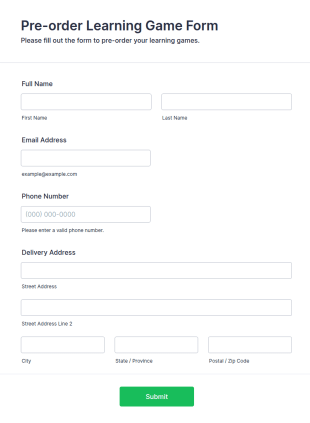 Pre Order Learning Game Form Template