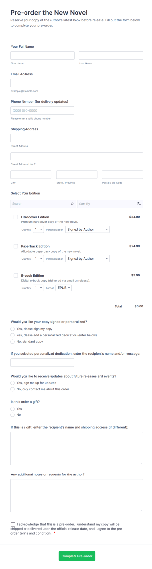 New Novel Pre Order Form Template