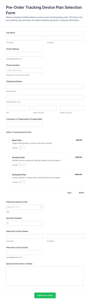 Pre Order Tracking Device Plan Selection Form Template