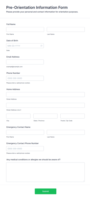 Pre Orientation Information Form Template