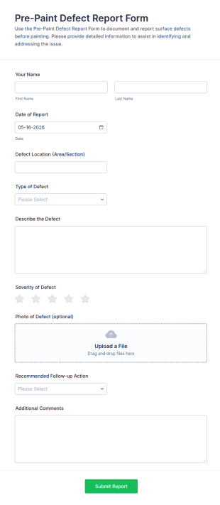 Pre Paint Defect Report Form Template